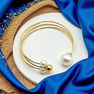 🆕️Elegant 14K Gold Plated Pearl Accent Adjustable Cuff Bracelet + Free Earrings